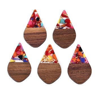 Transparent Resin and Walnut Wood Pendants, Teardrop Charms with Gold Foil, Colorful, 48.5x28x3.5mm, Hole: 2mm