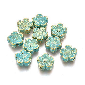 Alloy Beads, Flower, Lead Free & Cadmium Free, Golden & Green Patina, 8x8x3.3mm, Hole: 1.4mm