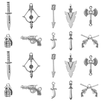 100Pcs 10 Styles Tibetan Style Alloy Pendants & Links/Connectors, Cadmium Free & Lead Free, Axe & Knife & Arrow & Sword, Antique Silver, 19~30x7~15x1~11mm, Hole: 1.5mm, 10pcs/style