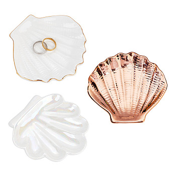 3Pcs 3 Style Porcelain Shell-shaped Ring Holder, Jewelry Tray, for Holding Small Jewelries, Rings, Necklaces, Earrings, Bracelets, Trinket, for Women Girls Birthday Gift, Mixed Color, 106~108x107~116x16~17.5mm, 1pc/style
