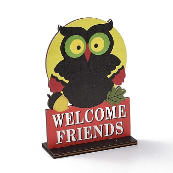 Natural Wood Display Decorations, Word Welcome Friends with Owl, Black, 100x40x146mm