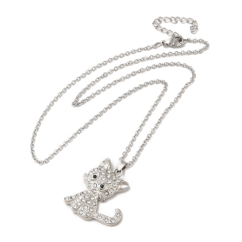Alloy Rhinestone Cat Pandant Necklace with Cable Chains, Stainless Steel Jewelry for Women, Clear, 17.83 inch(45.3cm)