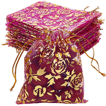 100Pcs Rose Printed Organza Bags, Wedding Favour Bags, Gift Bags, Rectangle, Orchid, 12x10cm