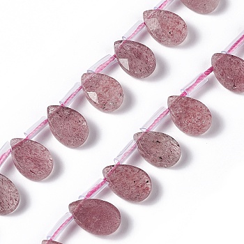 Natural Strawberry Quartz Beads Strands, Top Drilled Beads, Faceted, Teardrop, 12x8x4mm, Hole: 0.7mm, about 32pcs/strand, 15.08~15.24 inch(38.3~38.7cm)