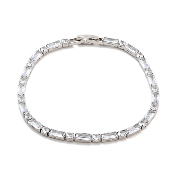 Brass Pave Clear Cubic Zirconia Rectangle & Flat Round Link Bracelets, Nickle Free, Long-Lasting Plated, Platinum, 7-1/4 inch(18.4cm)