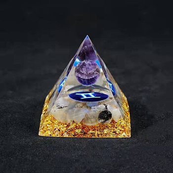 Resin Orgonite Pyramid Home Display Decorations, with Natural Amethyst/Natural Gemstone Chips, Constellation, Gemini, 50x50x50mm