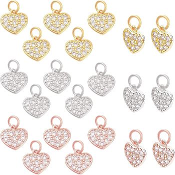 24Pcs 3 Colors Brass Micro Pave Clear Cubic Zirconia Charms, Heart with Jump Rings, Mixed Color, 10x10x1.8mm, Hole: 3mm, 8pcs/color