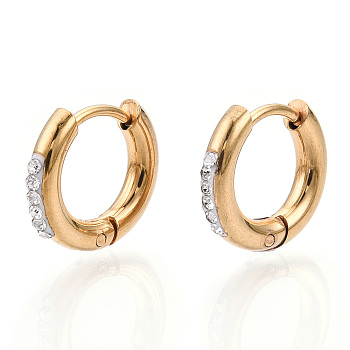 201 Stainless Steel Huggie Hoop Earrings, with 304 Stainless Steel Pins and Crystal Rhinestone, Ring, Golden, 13.5x2.5mm, Pin: 1mm