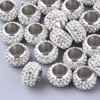 Polymer Clay Rhinestone Beads, with Platinum Tone Brass Single Cores, Large Hole Beads, Rondelle, Crystal, PP13(1.9~2mm),  4 Rows Rhinestone, 14x9mm, Hole: 8mm