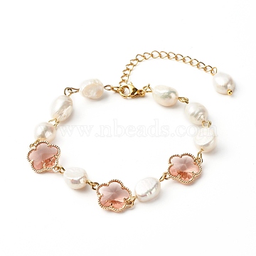 Plum Blossom Flower Glass Link Bracelet for Girl Women, Natural Pearl Beads Bracelet, Golden, Misty Rose, 7-1/8 inch(18cm)(X1-BJEW-TA00017-03)