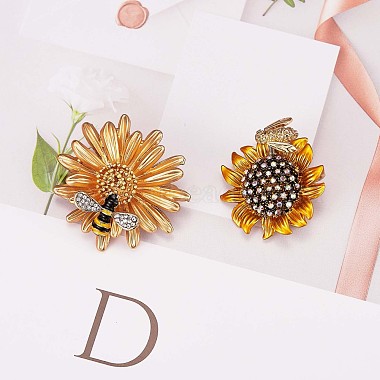 2Pcs 2 Style Sunflower and Bee Clear Cubic Zirconia Badges Pins with Enamel(JX167A)-4