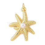 Brass & ABS Plastic Pearl Pendants, Flower Charms, Rack Plating, Long-Lasting Plated, Cadmium Free & Lead Free, Real 18K Gold Plated, 25x19x5mm, Hole: 3.5mm(PL-CBA6938-13G-01)