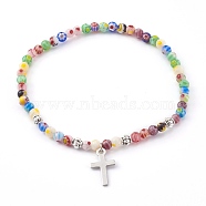 304 Stainless Steel Charm Stretch Bracelets, with Alloy Beads and Millefiori Glass Beads, Cross, Colorful, Inner Diameter: 2-1/4 inch(5.8cm)(BJEW-JB05975-05)