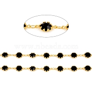 Handmade Brass Link Chains, with Glass Faceted Rhinestone & Spool, Soldered, Long-Lasting Plated, Real 18K Gold Plated, Flower, Black, Flower: 12x6.5x3mm, about 32.8 Feet(10m)/roll(CHC-F011-08A-G)
