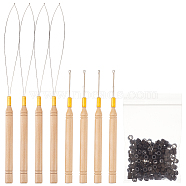 8Pcs Wood Handle Iron Crochet Hook Needles, with 200Pcs Aluminium Micro Rings, with Silicone Inside, For Hair Extensions Tool Beads, Mixed Color, Rings: 5x3mm, Hole: 3mm, Hook Needle: 142~226.5x9~9.5mm(TOOL-FG0001-07)