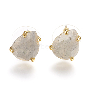 Natural Labradorite Stud Earrings, with Golden Tone Brass Findings, Faceted Teardrop, 13.5~14x10.5mm, Pin: 0.8mm(EJEW-L196-03C)
