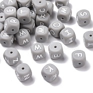 Silicone Beads, Cube with Random Mixed Letters, Gray, 12x12x12mm, Hole: 2mm(SIL-WH0002-25C)