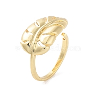 Rack Plating Brass Open Cuff Rings, Cadmium Free & Lead Free, Long-Lasting Plated, Leaf, Real 18K Gold Plated, US Size 6(16.5mm)(RJEW-M168-11G)