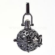 Rack Plating Brass Cage Pendants, For Chime Ball Pendant Necklaces Making, with Rhinestone, Hollow Round with Snowflake, Gunmetal, 29x25x20mm, Hole: 3x7mm, inner measure: 17mm(KK-S751-074B)