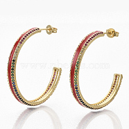Brass Micro Pave Colorful Cubic Zirconia Stud Earrings, Half Hoop Earrings, with Enamel and Ear Nuts, Real 18K Gold Plated, FireBrick, 35~37x35~36x4.5mm, Pin: 0.7mm(EJEW-S209-11B)
