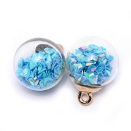 Transparent Glass Globe Pendants, with Glitter Sequins inside and CCB Pendant Bails, Round, Deep Sky Blue, 20.5x16mm, Hole: 2.5mm(X-GLAA-WH0022-15I)