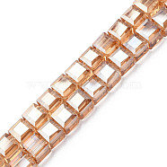 Electroplate Transparent Glass Beads Strands, , Faceted, Cube, BurlyWood, 7x7x7mm, Hole: 1.4mm, about 100pcs/strand, 26.77 inch(68cm)(EGLA-N002-28-F05)