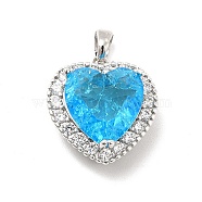 Brass Micro Pave Clear Cubic Zirconia Pendants, with Faceted Glass, Heart Charm, Real Platinum Plated, Deep Sky Blue, 18.5x17x9.5mm, Hole: 5x3mm(KK-I695-001P-03)