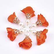 Iron Pendants, with Cloth and ABS Plastic Imitation Pearl, Flower, Golden, Tomato, 25~32x15~25mm, Hole: 1~4mm(FIND-T033-07N)
