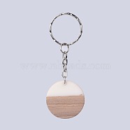 Resin & Wood Keychain, with Platinum Tone Iron Keychain Findings, Flat Round, Sandy Brown, 78mm, Pendant: 28.5x4mm(X-KEYC-JKC00188-02)