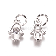 Religion Brass Charms, with Cubic Zirconia and Jump Rings, Hamsa Hand/Hand of Fatima/Hand of Miriam, Clear, Platinum, 10x6.5x2mm, Hole: 3mm(ZIRC-I038-37P)