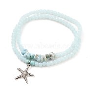 Stretch Bracelets Sets, Stackable Bracelets, with Starfish Alloy Pendants, Rondelle Glass Beads, Natural Larimar & Turquoise(Dyed) Beads, Antique Silver, Light Cyan, Inner Diameter: 2-1/8 inch(5.5cm), 2pcs/set(BJEW-JB05586-03)