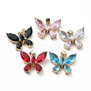 Brass and K9 Glass Pendants, Butterfly Charms, Mixed Color, 15x18x4mm, Hole: 4x2.5mm(KK-Z031-20KCG)
