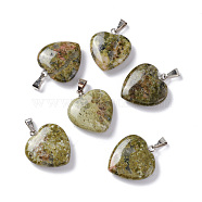 Natural Unakite Pendants, Heart, with Brass Findings, Platinum, 22~23x20~20.5x6~7.5mm, Hole: 5x8mm(G-G956-B23-FF)
