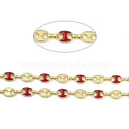 Handmade Enamel Coffee Bean Link Chains, with Real 18K Gold Plated Brass Findings, Soldered, with Spool, FireBrick, Link: 10x14.5x3.5mm(CHC-F015-12G-02)