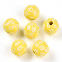 Easter Theme Printed Wood Beads, Round, Yellow, 14.5~15x15.5~16.5mm, Hole: 4~4.5mm(WOOD-T032-22M)