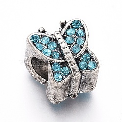 Antique Silver Plated Alloy European Beads, with Rhinestone, Large Hole Beads, Butterfly, Aquamarine, 11x10.5x9mm, Hole: 5mm(CPDL-L047-A01)