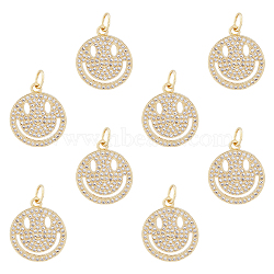 8Pcs Brass Micro Pave Clear Cubic Zirconia Pendants, Long-Lasting Plated, Flat Round with Smile Face Charms, Real 18K Gold Plated, 17x14.5x1.5mm, Hole: 3.5mm(ZIRC-DC0001-30)