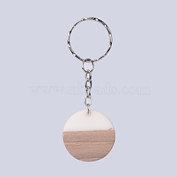 Resin & Wood Keychain, with Platinum Tone Iron Keychain Findings, Flat Round, Sandy Brown, 78mm, Pendant: 28.5x4mm(X-KEYC-JKC00188-02)
