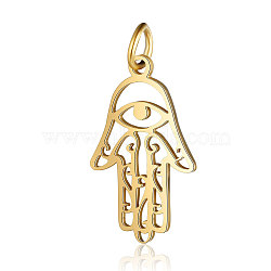 201 Stainless Steel Pendants, Hamsa Hand/Hand of Fatima/Hand of Miriam with Eye, Golden, 21.5x13x1mm, Hole: 3mm(STAS-S105-T557D-2)