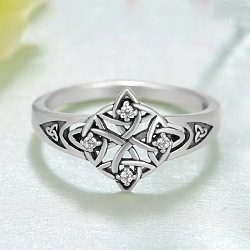 Celtic Knot Brass with Crystal Rhinestone Finger Rings, Antique Silver, US Size 9(18.9mm)(FS-WG1EEAC-03)