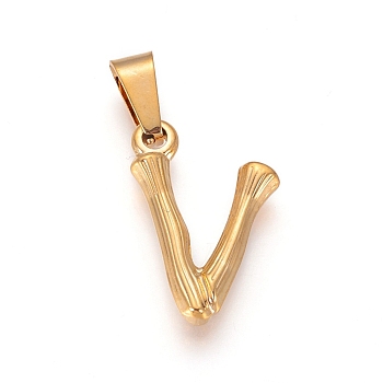 304 Stainless Steel Pendants, Bamboo Style, Letter, Golden Color, Letter.V, 19.5x12x3mm, Hole: 3x7mm