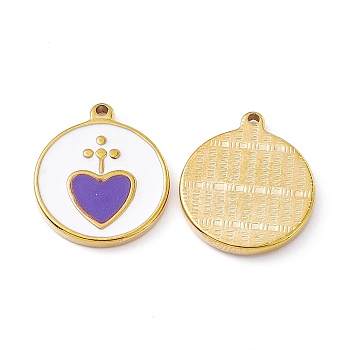Vacuum Plating 201 Stainless Steel Pendants, with Enamel, Real 18K Gold Plated, Flat Round with Heart Charm, Medium Purple, 23.5x20x2.7mm, Hole: 1.7mm