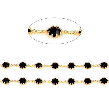 Handmade Brass Link Chains, with Glass Faceted Rhinestone & Spool, Soldered, Long-Lasting Plated, Real 18K Gold Plated, Flower, Black, Flower: 12x6.5x3mm, about 32.8 Feet(10m)/roll