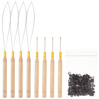 8Pcs Wood Handle Iron Crochet Hook Needles, with 200Pcs Aluminium Micro Rings, with Silicone Inside, For Hair Extensions Tool Beads, Mixed Color, Rings: 5x3mm, Hole: 3mm, Hook Needle: 142~226.5x9~9.5mm