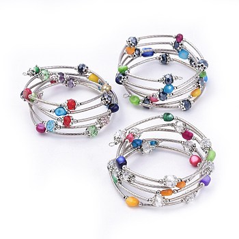 5 Loops Wrap Bracelets, with Faceted Glass Beads, Erose Freshwater Shell Beads, Brass Tube Beads, Iron Spacer Beads and Tibetan Style Alloy Bead Caps, Mixed Color, 2-1/8 inch(5.5cm)