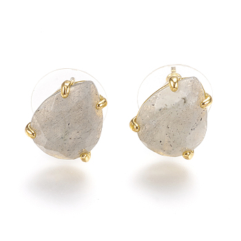 Natural Labradorite Stud Earrings, with Golden Tone Brass Findings, Faceted Teardrop, 13.5~14x10.5mm, Pin: 0.8mm