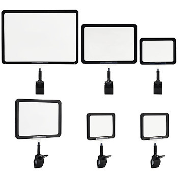 3 Styles Adjustable PVC Plastic Clip Sign Holder, Card Display Clip, Price Tags Holder, with Plastic Frame and Plastic Card, Rectangle, Black, 227~330x147~302x70mm, 6 sets/bag