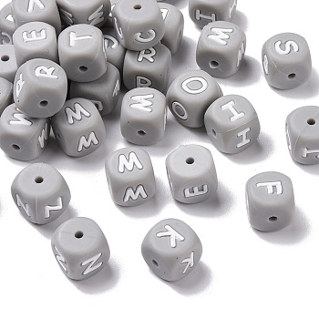 Silicone Beads, Cube with Random Mixed Letters, Gray, 12x12x12mm, Hole: 2mm