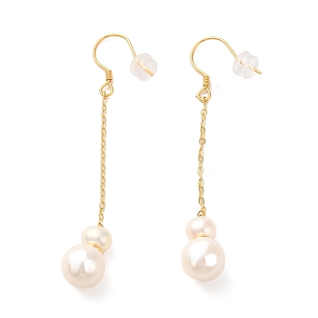 Sterling Silver Dangle Earrings, with Natural Pearl, Jewely for Women, Real 18K Gold Plated, 59x9mm