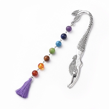 Tibetan Style Alloy Bookmarks, with Gemstone Beads Chains, Cotton Thread Tassel Pendant Decorations, Mermaid, Medium Purple, 165mm